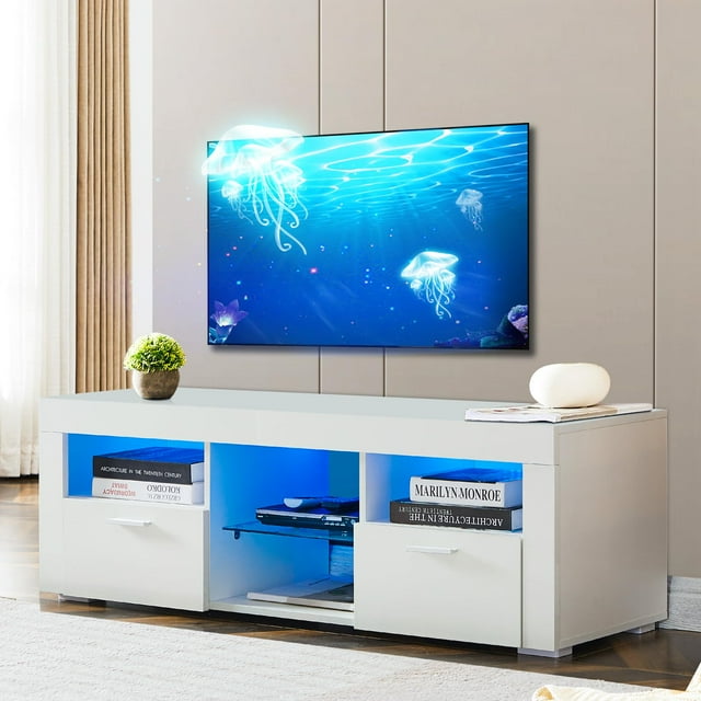 LED TV Stand for 55 inch TV, Modern Entertainment Center with LED Lights, High Gloss Media TV