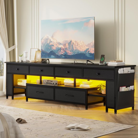 LED TV Stand with 6 Drawers & 4 Side Storage Bags & Shelves,for 65/70/75 Inch TV, 63Inch Console Table,Entertainment Center with Led Light and Power Outlets,Black