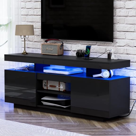 LED TV Stand for 65/60/55 inch TV Modern Entertainment Center with Power Outlets, Gaming TV Consoles with Storage Media Table with LED Lights Game Cabinet for Living Room Black