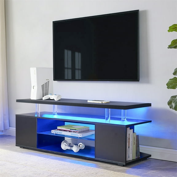 LED TV Stand for up to 65"-70" TV, Modern Entertainment Center with Large Side Cabinet, Gaming TV Consoles with Storage Media Table with LED Lights Game Cabinet for Living Room