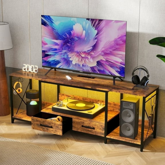 Industrial Modern TV Stand / Entertainment Center for 32–75" TVs with RGB LED Lights, Remote Control, Drawers & Open Storage