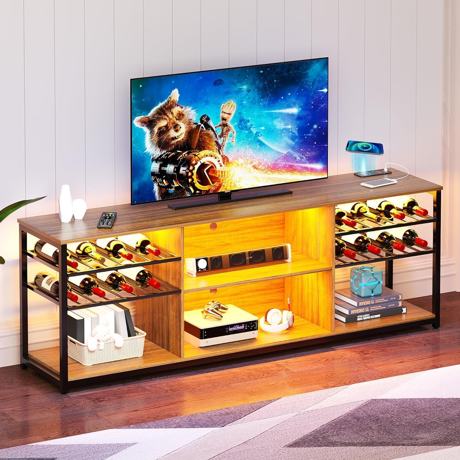 LED TV Stand for 65 Inch TV Modren Television Stands with Charging Station (Wireless/USB/TypeC