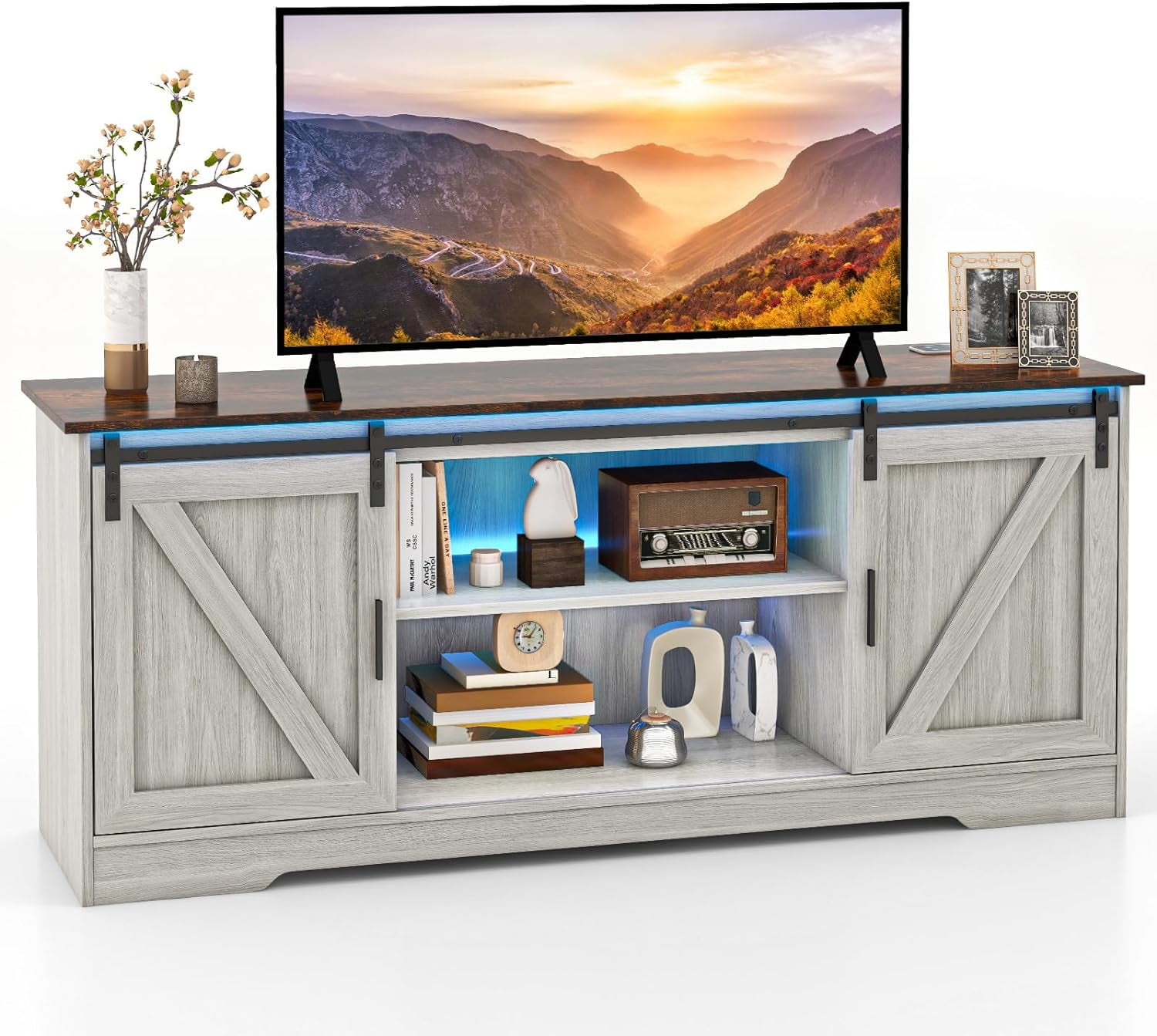 LED TV Stand for 65\u201D TVs Sliding Barn Door Entertainment Center