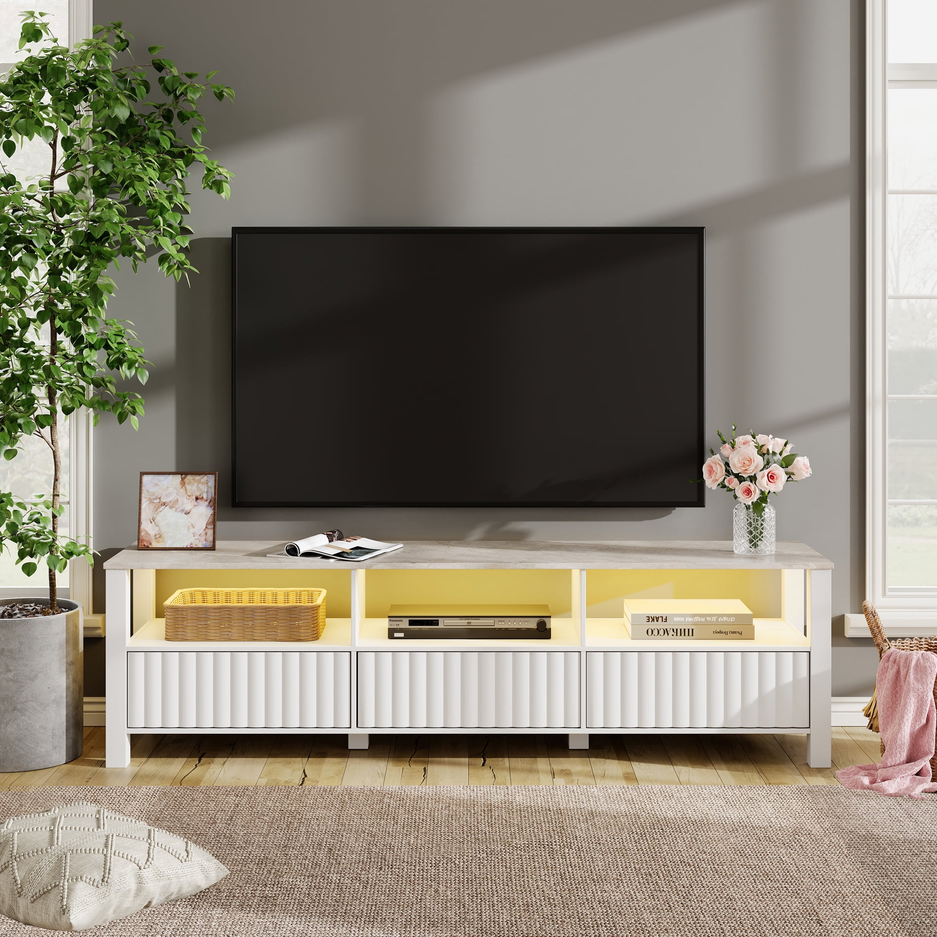 LED TV Stand for 75 Inch TV, White Modern Entertainment Center with Faux Marble Tabletop, Wood Media Console Table with 6 Storage Cabinet for Living Room Bedroom, 70 Inch