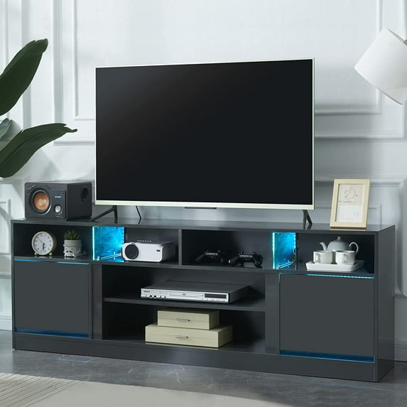 LED TV Stand for 80" TV, Game Console Entertainment Center with Storage Shelves and Media Layers, Modern TV Stand with LED Lights 16 Colors and High Gloss Cabinets for Living Room Bedroom, Grey