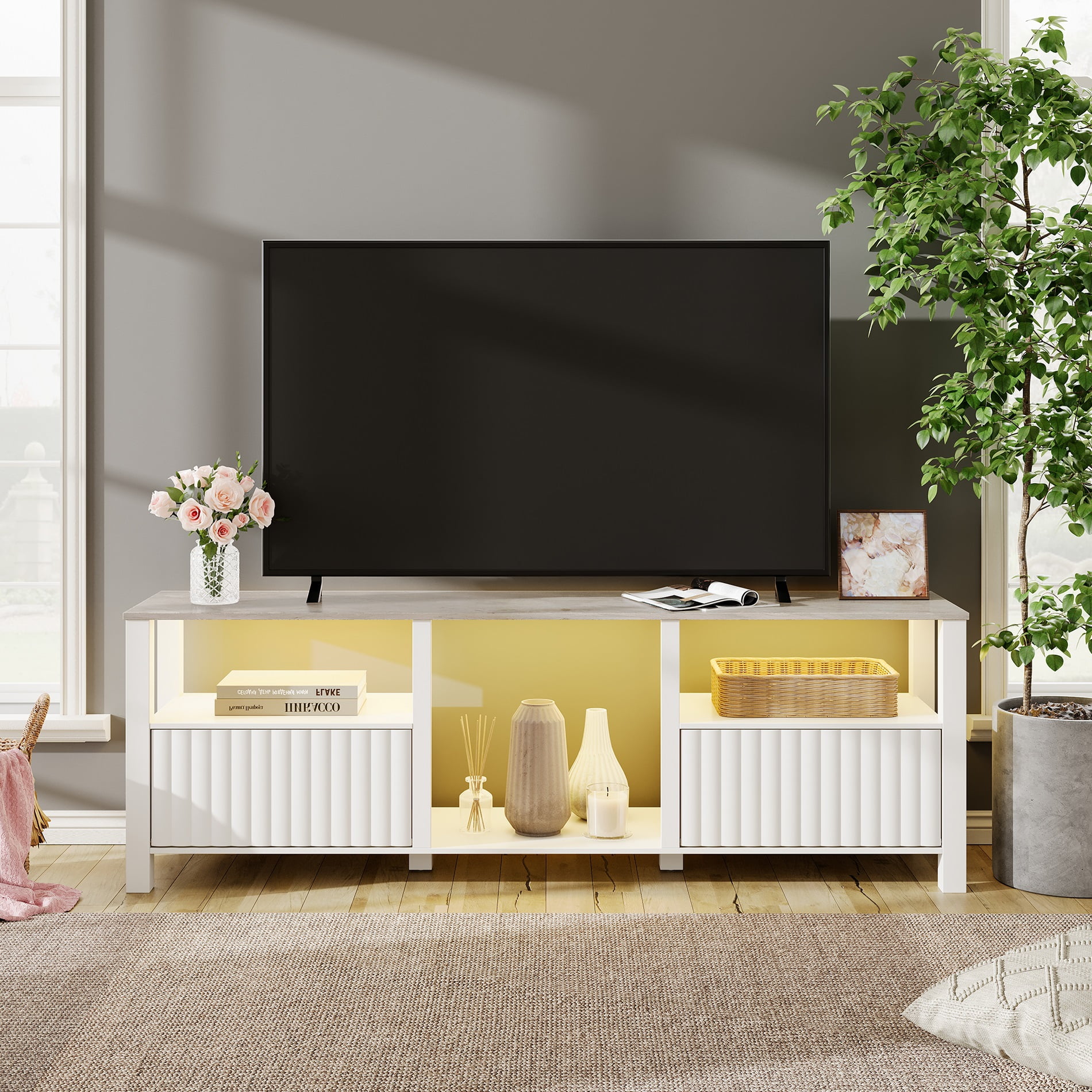 LED TV Stand for 80 inch, Modern TV Console Media Storage for