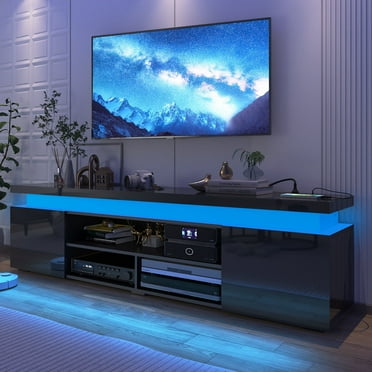LED TV Stand for up to 85" TVs with Power Outlet, 75" Large Entertainment Center Console Table Gaming Soundbar Shelf with 2 Storage Cabinets(High Gloss Black-75")