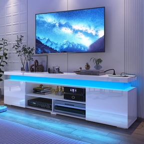LED TV Stand for up to 85" TVs with Power Outlet, 75" Large Entertainment Center Console Table Gaming Soundbar Shelf with 2 Storage Cabinets