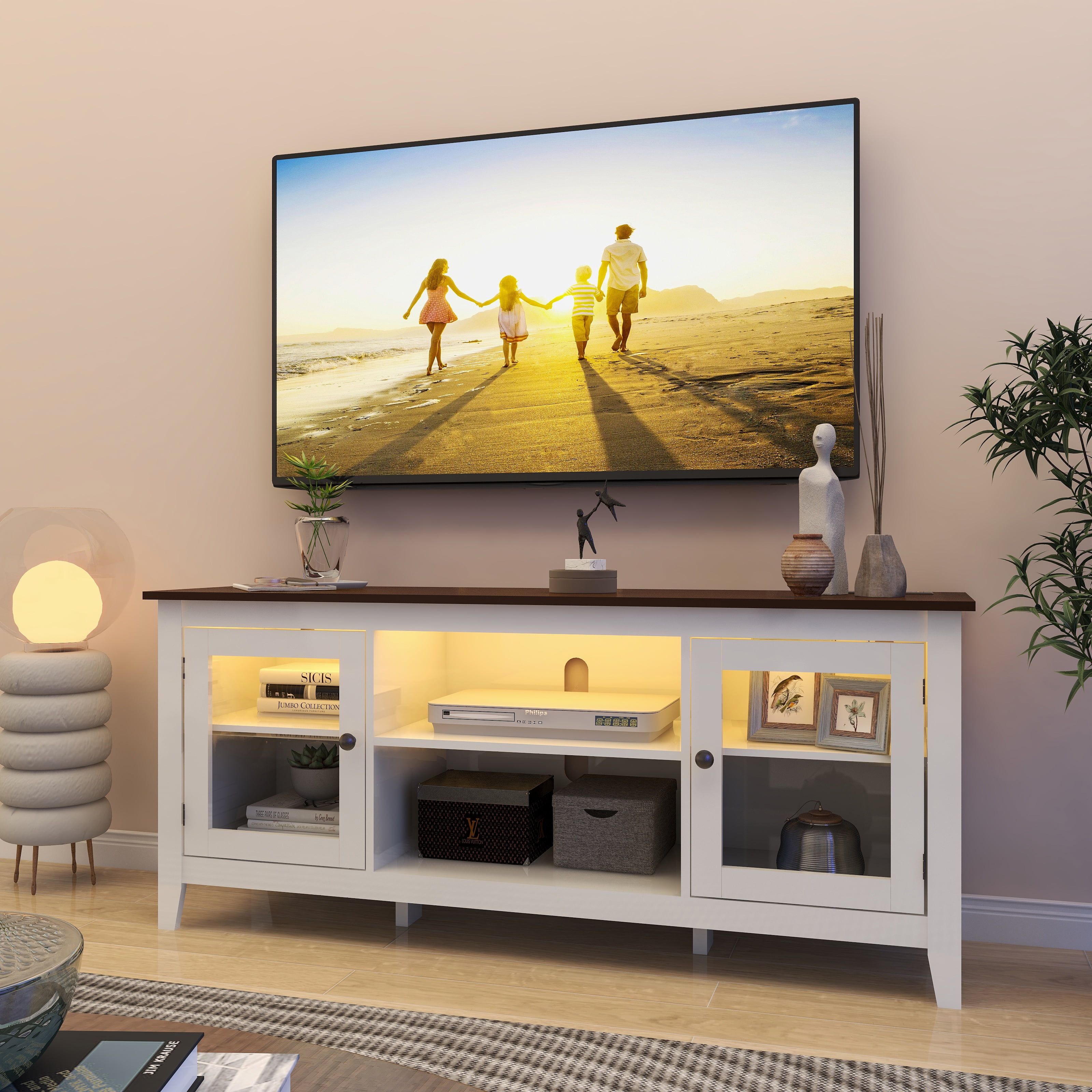 LED TV Stand, HAIOOU TV Stand with LED Strip & Power Outlets, Modern