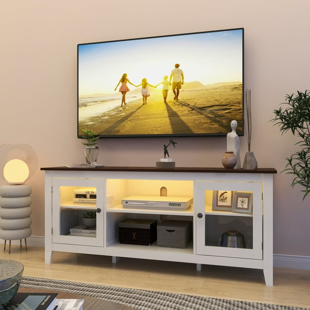 LED TV Stand, HAIOOU TV Stand with LED Strip & Power Outlets, Modern Wooden Stand for TVs up to