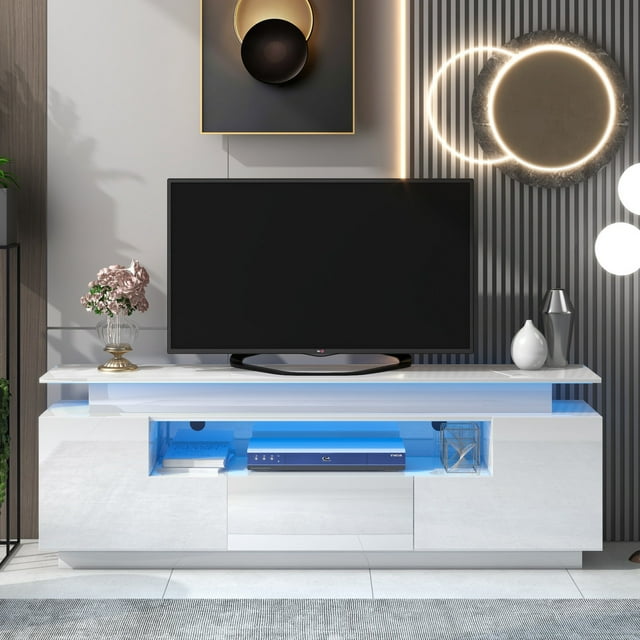 LED TV Stand with LED Lights and 4 Storage White