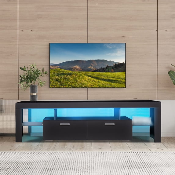 LED TV Stand, Modern Entertainment Center, 16 Colors, 4 Modes, 63 inch TV Console for 50/55/60/65/70/75 inch TVs, TV Stand with Open Storage and 2 Storage Drawers for Living Room, Bedroom