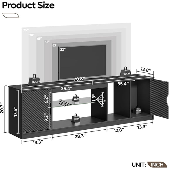 LED TV Stand with Storage for 65/70/75 Inch TV, Gaming Entertainment Center with Adjustable Glass Shelf for PS5 , Modern TV Console Table for Living Room, Black Large TV Stand Table