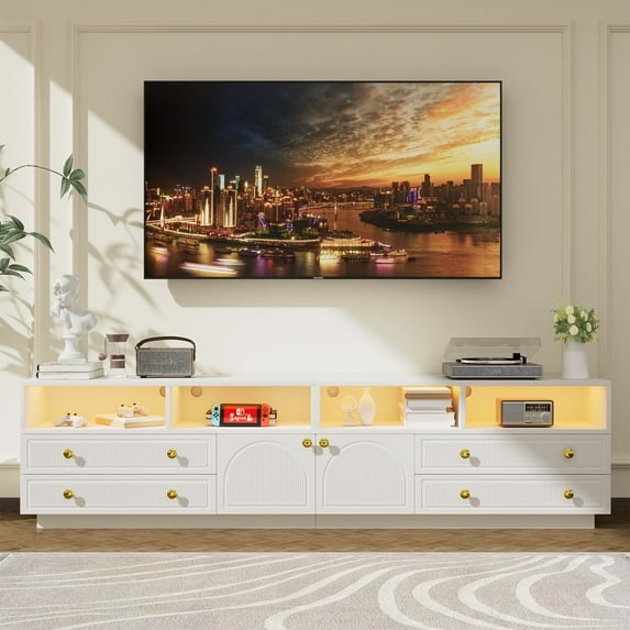 LED Extra Long 86" TV Stand with Storage, Modern High Glossy Entertainment Center for TVs up to 100", Wood Media Console Table with Drawers for Living Room, White