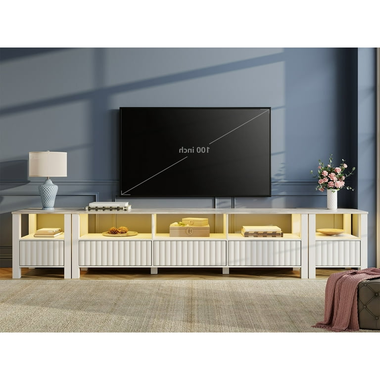 LED TV Stand for TVs up to 100 Inch, Modern Wood Entertainment Center for  80/85/90 inch TV Console Media Table with 10 Cubby Storages for Living Room