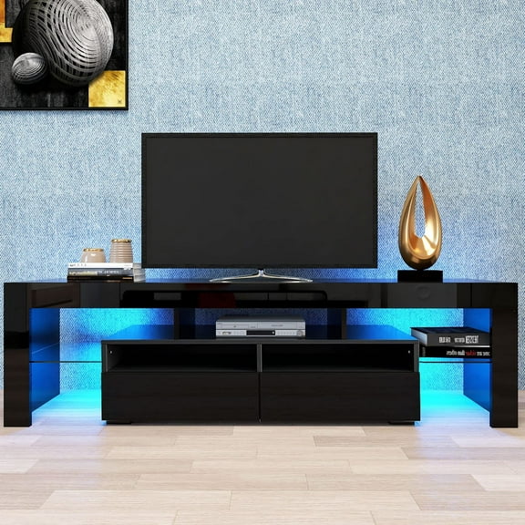LED TV Stand for TVs up to 65 inch, High Gloss Entertainment Center with RGB LED Lights, Wood Console Table with Storage Drawers, Flat Screen TV Cabinet for Living Room, Bedroom, Black, D6434