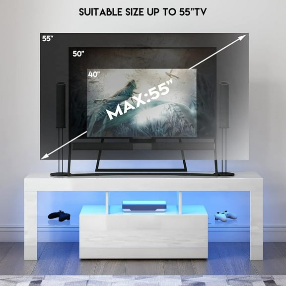 LED TV Stand for Televisions up to 55", Modern Entertainment Center with down filp door, Glass shelf and high glossy UV front face, TV Console Table for Living room,Bedroom, White