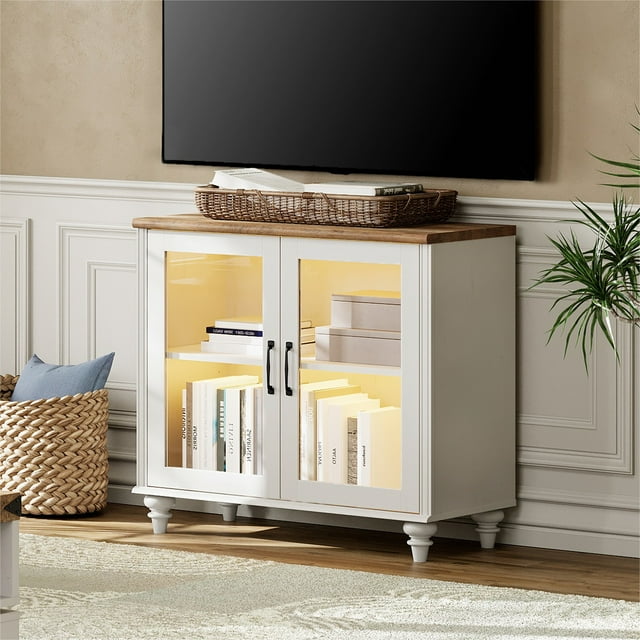 LED TV Stand for 43 Inch TV, Wood Entertainment Center with Glass Door