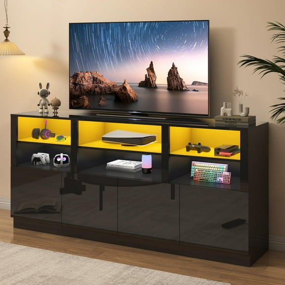 LED TV Stand for 75" 80" 85" TVs, Tall Entertainment Center with 4 Door Storage Cabinets, Modern Glossy Gaming TV Console Table for Living Room