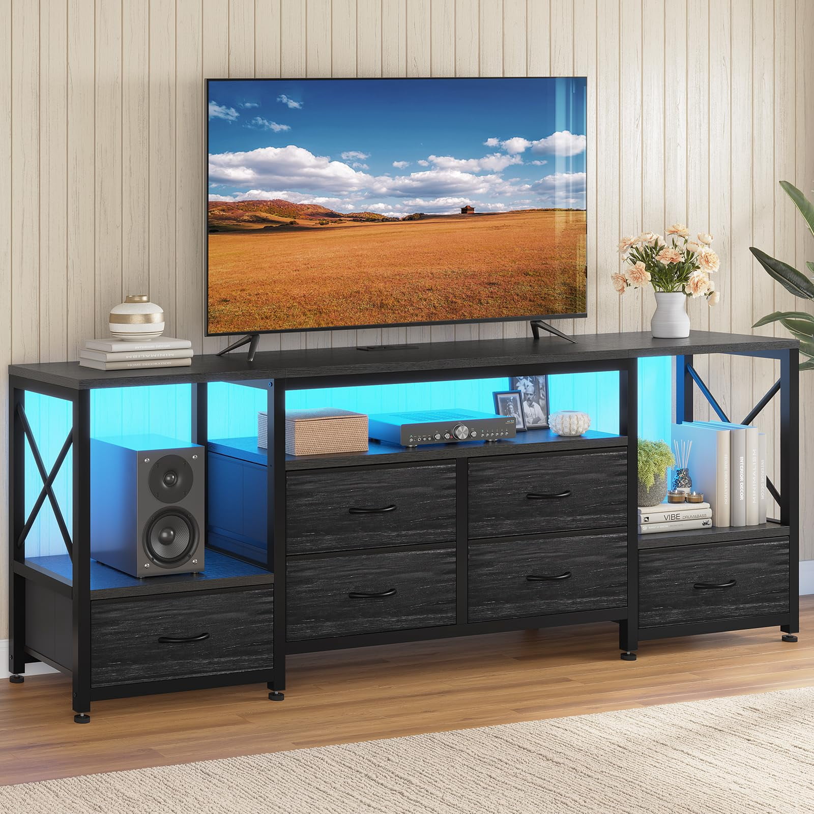 LED TV Stand for 75 Inch TV, Entertainment Center with LED Light & Power Outlets,63" TV Stand with 6 Fabric Drawers for Bedroom,Charcoal Black