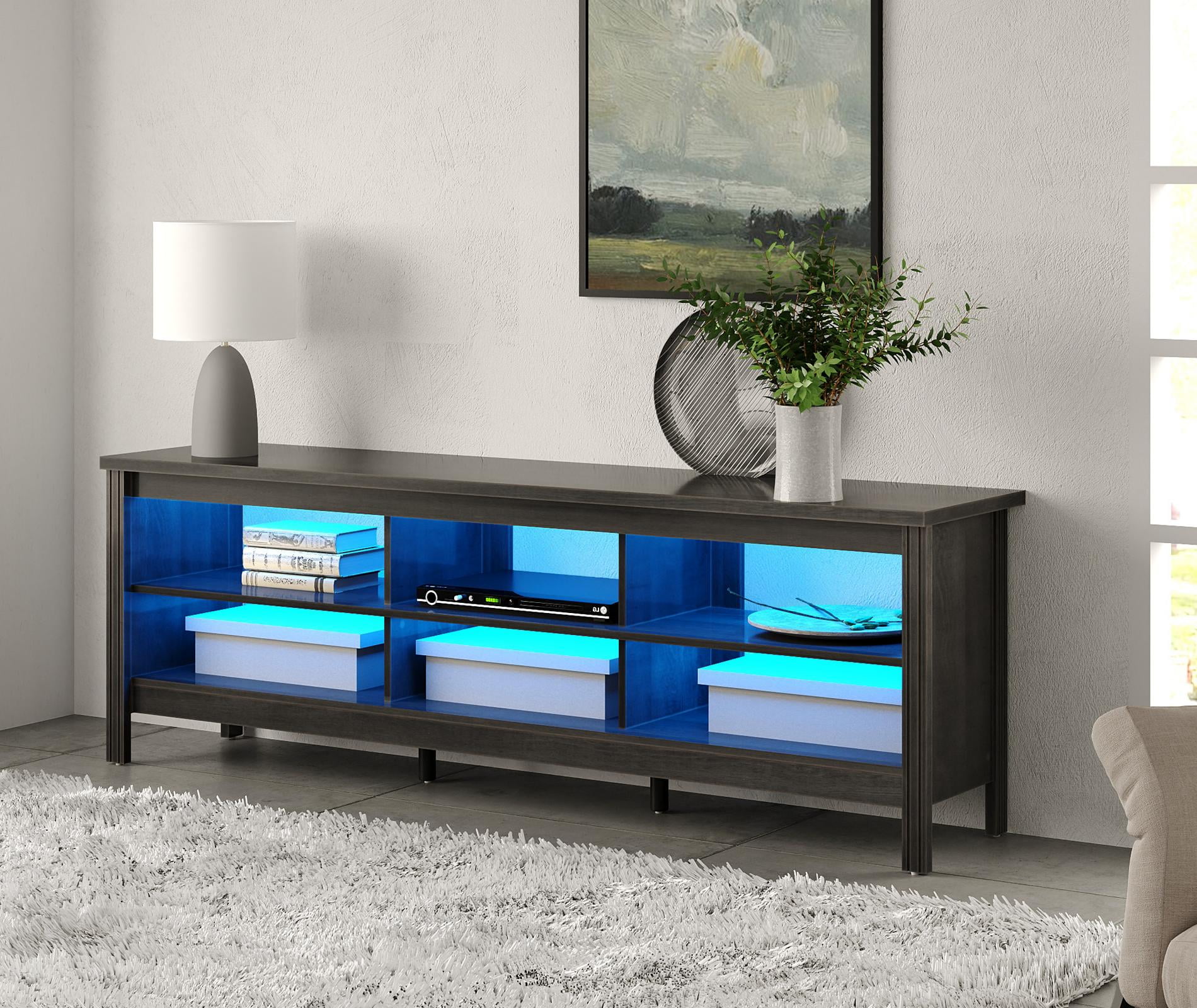 LED TV Stand for 75 Inch TV, Farmhouse Wood TV Cabinet with 6 Cubby for Living Room Bedroom,70 inch Black