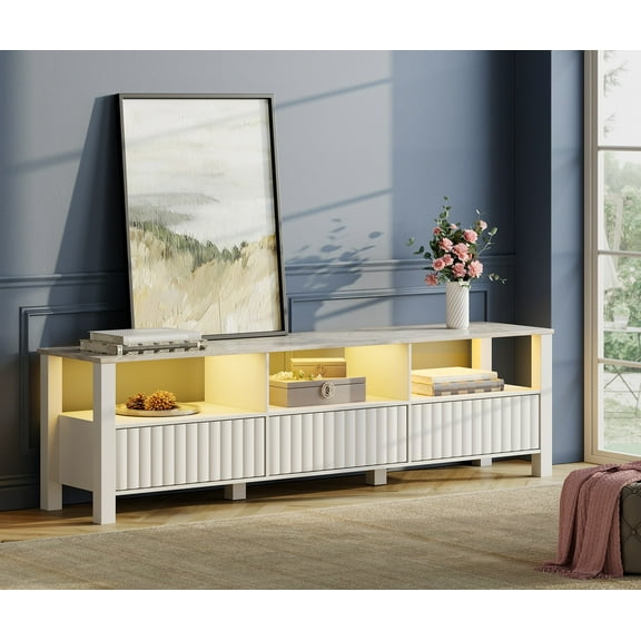 LED TV Stand for 75 Inch TV Media Console Wood Entertainment Center Television Table with 6 Storage for Living Room, 70 inch White