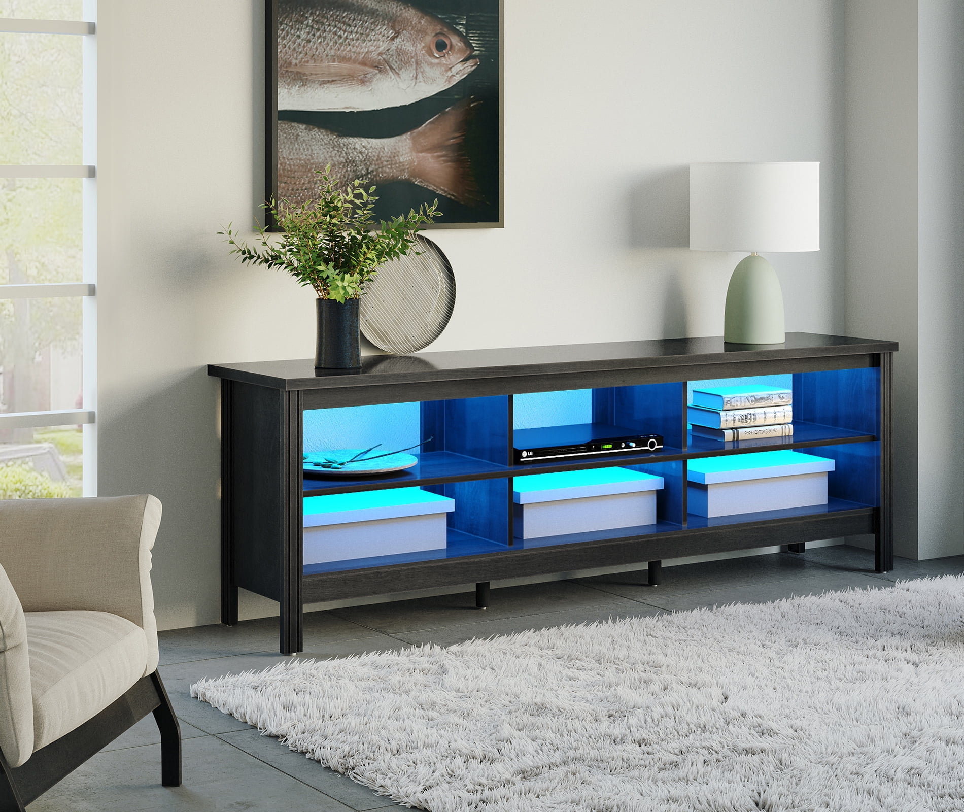 LED TV Stand for 75 Inch TV Stands, Media Console Entertainment Center Television Table with 6 Open Shelves for Living Room, Black 70 inch