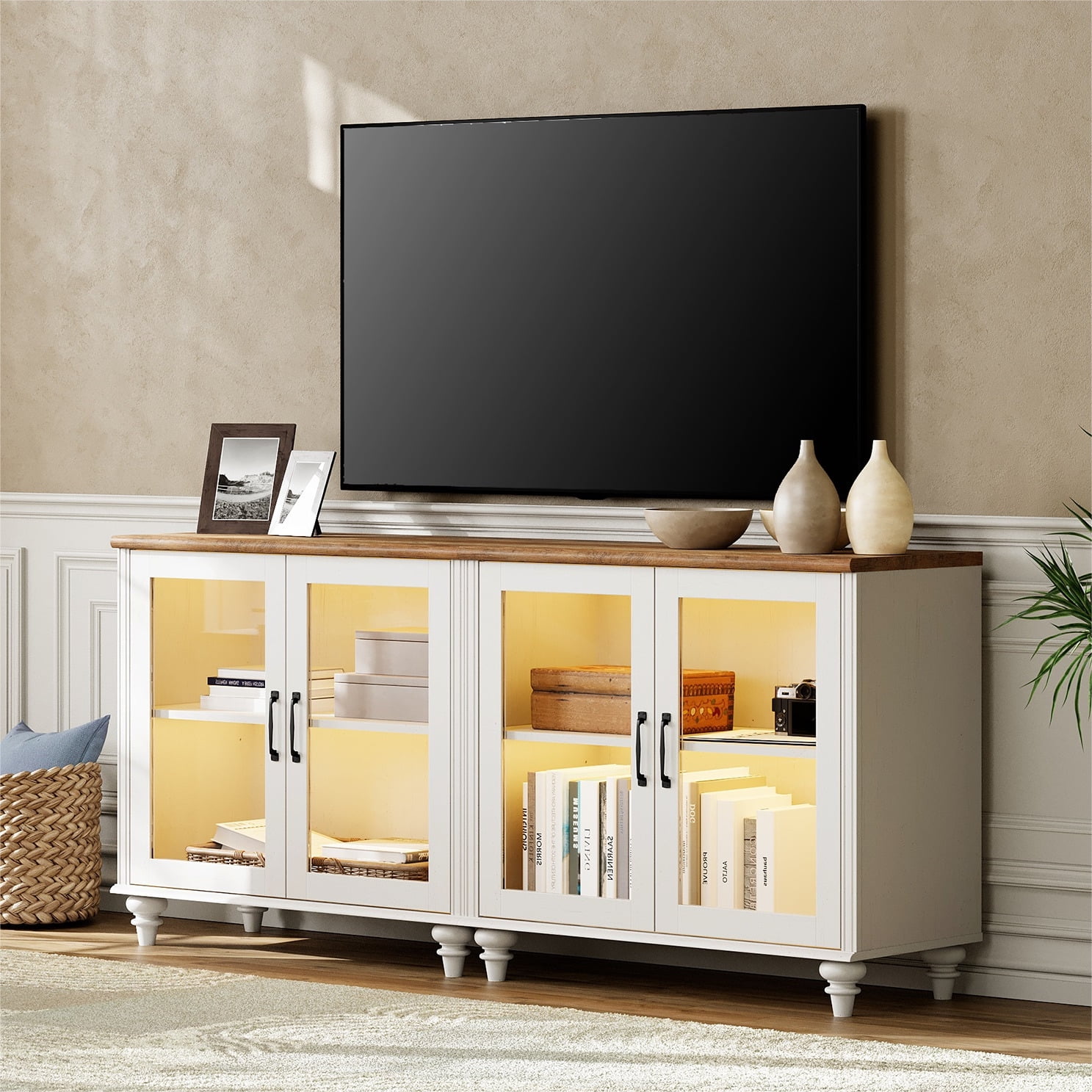FITUEYES 2 in 1 TV Stand for 75 inch TV Wood Entertainment Center with Adjustable Shelf Glass Door LED Light and 4 Storage White Oak