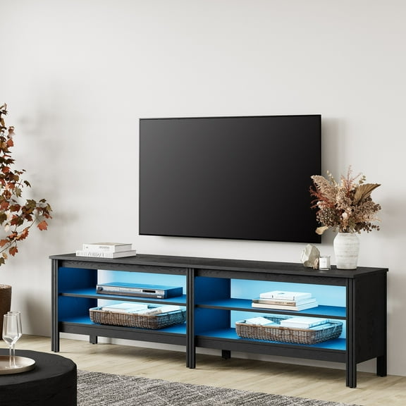 LED TV Stand  for 75 inch TV, Farmhouse Wood TV  Console  with 4  Storages for Living Room Bedroom, Black 70 inch