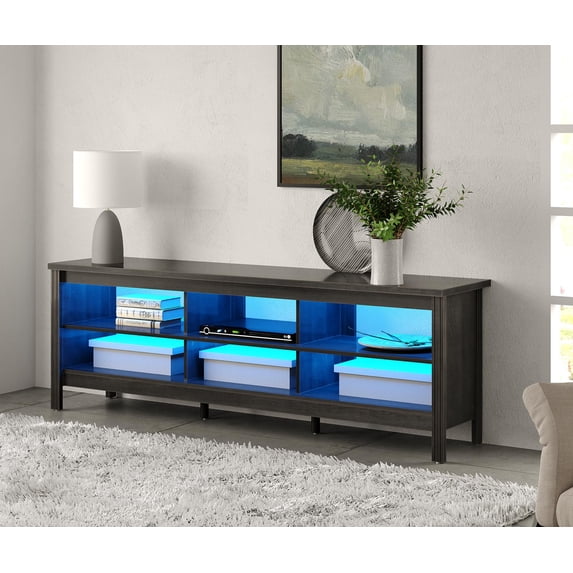 LED TV Stand for 80 Inch TV, Wood TV Cabinet for 75 inch TV with Blue LED Light & 6 Cubby for Living Room Bedroom,70 inch Black