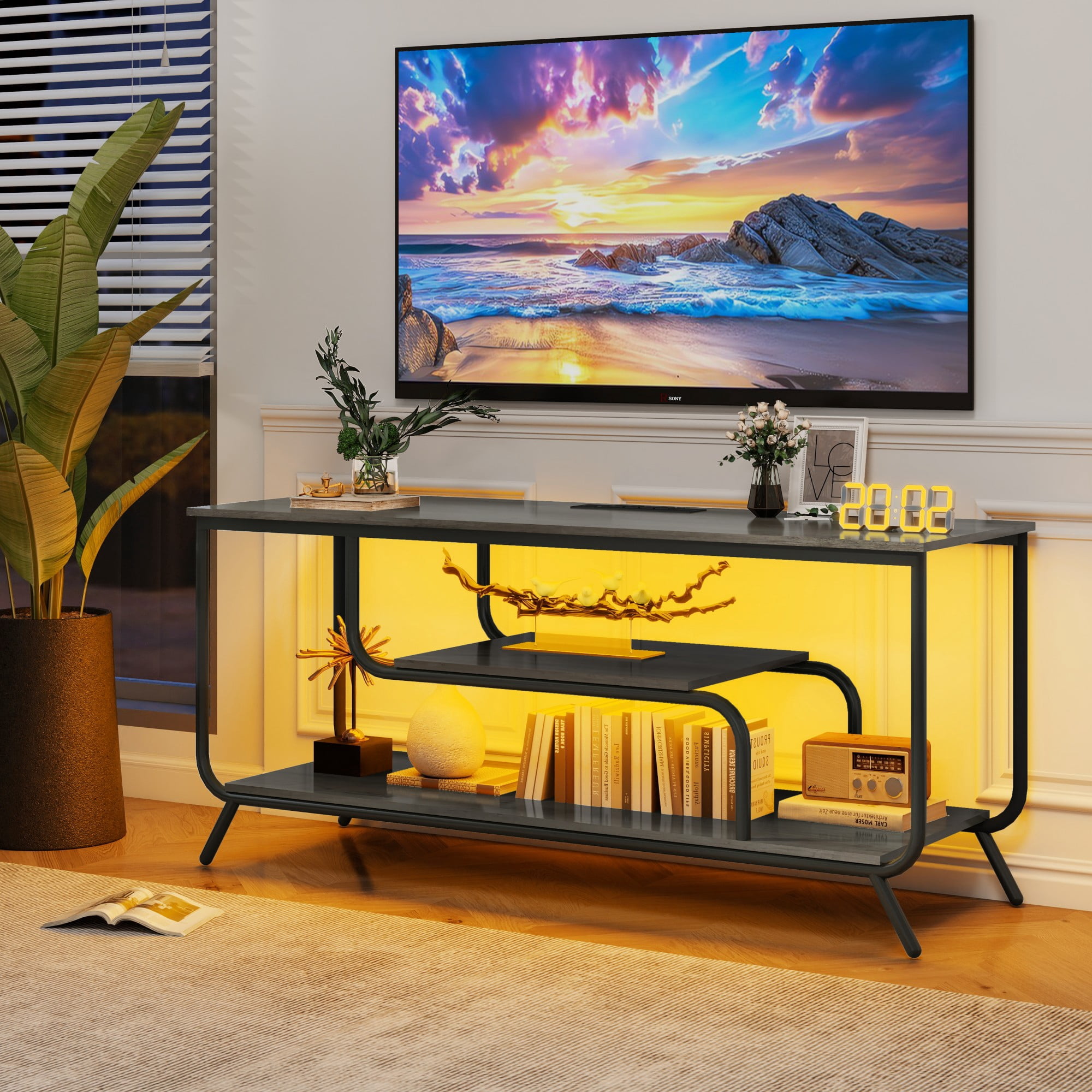 LED TV Stand for TVs up to 55'', Small Modern TV Console for Living Room,Bedroom,Light Gray