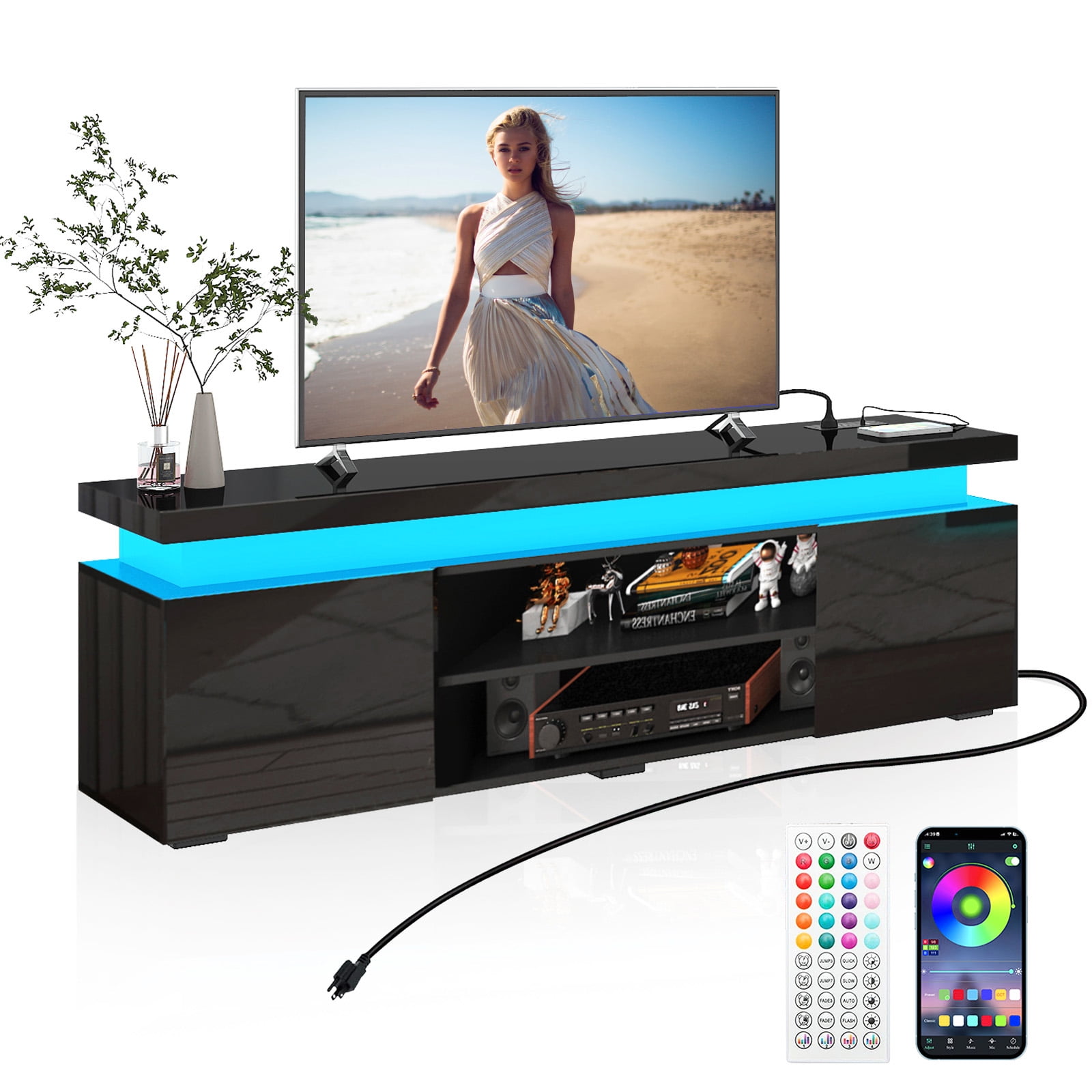 LED TV Stand for TVs up to 75" with Power Outlet & LED Lights, Modern