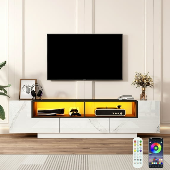 LED TV Stand for up to 80" TVs, Modern 70 inch Entertainment Center Meida Console with 2-Door Cabinets & 1 Drawer to Storage, Marble White