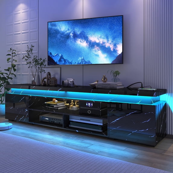 LED TV Stand for up to 85" TVs with Charnging Station, 73" Large Entertainment Center Console Table Gaming Soundbar Shelf with 2 Storage Cabinets
