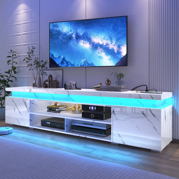 LED TV Stand for up to 85" TVs with Charnging Station, 73" Large Entertainment Center Console Table Gaming Soundbar Shelf with 2 Storage Cabinets, Marble White