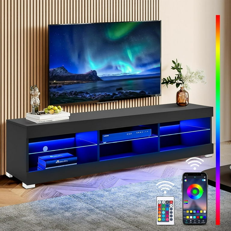 LED TV Stand with LED Lights for 65 inch TV Modern Entertainment Center with Storage 57 Black TV Console with Glass Shelves for Living Room 15 Tall Walmart
