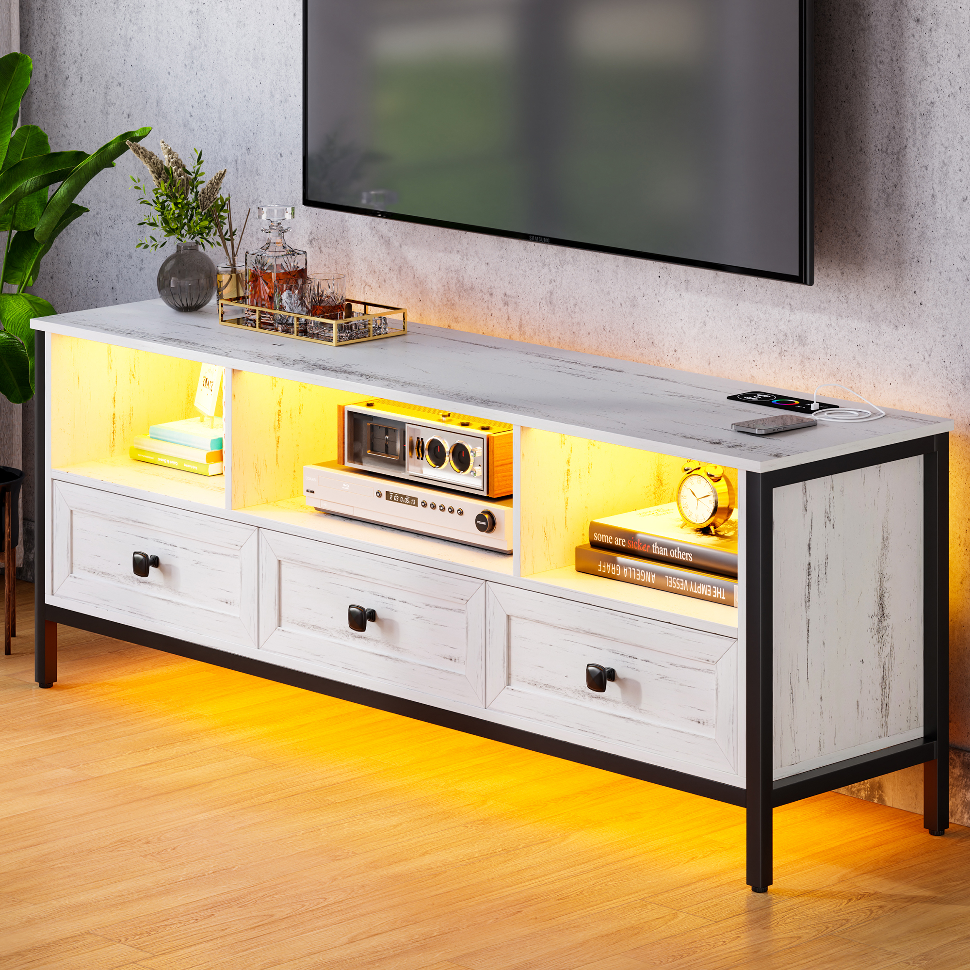 LED TV Stand with Wireless Charging Station for 55” to 70 Inches