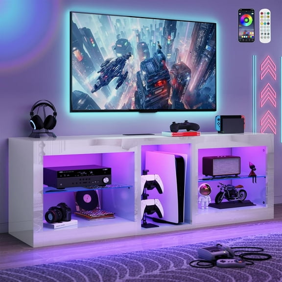 LED TV Stands W/Power Outlet for 65 70Inch TV,63" Modern Entertainment Center W/7000-Colors Light for P S 5,High Gloss TV Console w/Adjustable Shelves for Living Room Gameroom(White)