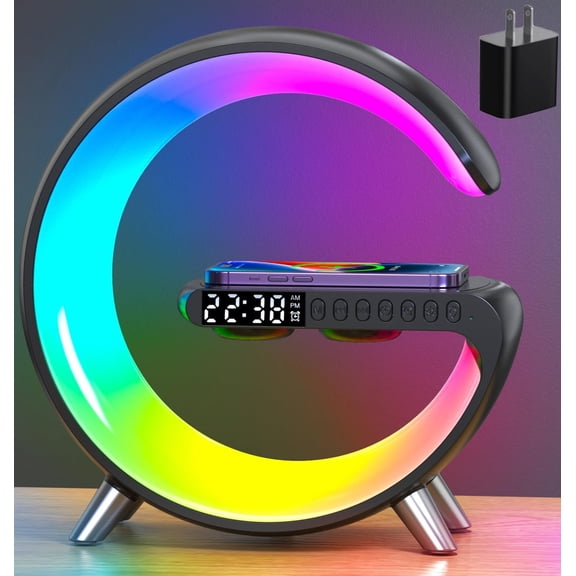 LED Table Lamp, 4-in-1 Charger, Night Light, Clock, Speaker with App Control, Bedside Lamp with Station for Bedroom, Office, Decor, Teen Girls Boys Gifts