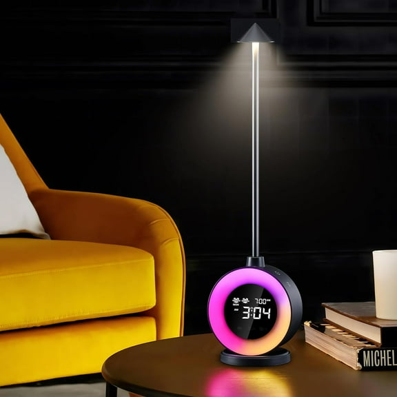 LED Table Lamp with Digital Clock, Dimmable Night Light Touch Desk Lamp with White Noise, 2 Alarms, Wake-up Light, RGB Ambient Light, Aluminum Bedside Lamp for Girls Boys Teens Christmas Gifts