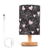 LED Table Lamp with Linen Fabric Shade USB Bedside Lamp Spiderweb and Heart-shaped Pattern Home Decor