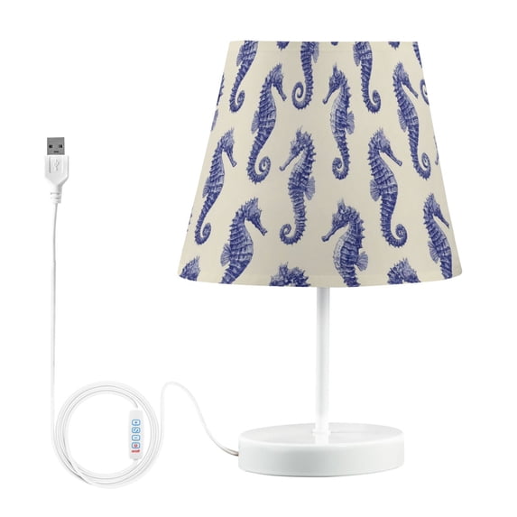 LED Table Lamp with Touch Controls and Dimming Nightstand Lamp with USB Charging Port Night Light Indigo Blue Seahorses Pattern Medium