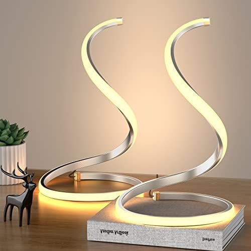 LED Table Lamps Set of 2, Silver Bedside Table Lamps, Nightstand Table Lamp, Touch Control,Stepless Dimmable, Curved Art Decorative Table Lamp for Living Room Bedroom Office Home