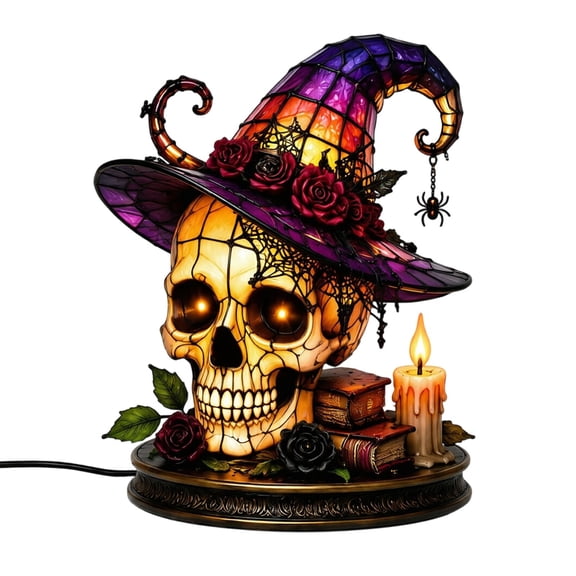 LED Tabletop Lamp Gothic Witch Skull Lighted Figurine Acrylic Stained Glass Style Decor with Rose Spell Book Base