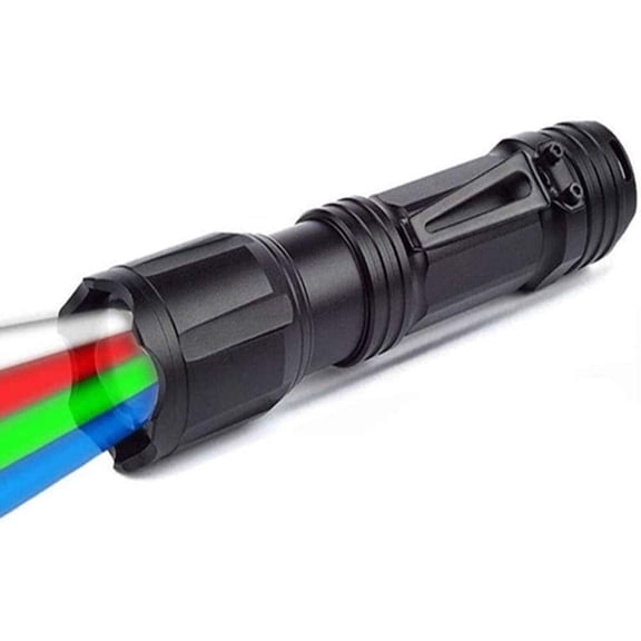 LED Tactical Flashlight with Red, Green, Blue, White 4 Colors in 1, Waterproof Multifunctional Zoomable Torch for Night Vision, Fishing, Camping, Hunting, 200 Lumens, Aluminum Alloy