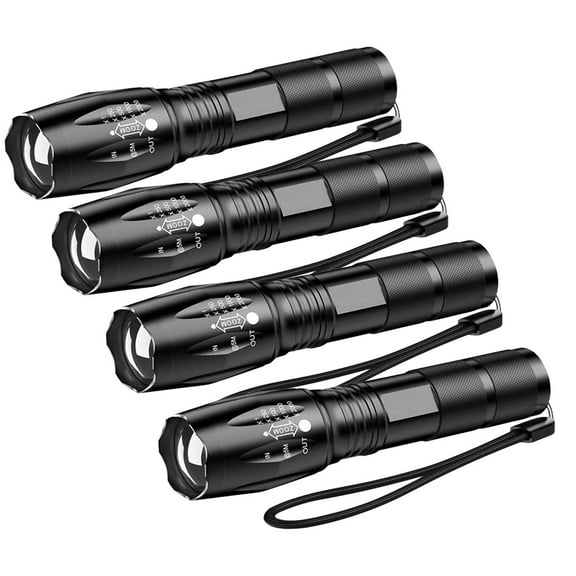 LED Tactical Flashlight,Super Bright High Lumen XML T6 LED Flashlights Portable Outdoor Water Resistant Torch Light Zoomable Flashlight with 5 Light Modes, 4 Pack