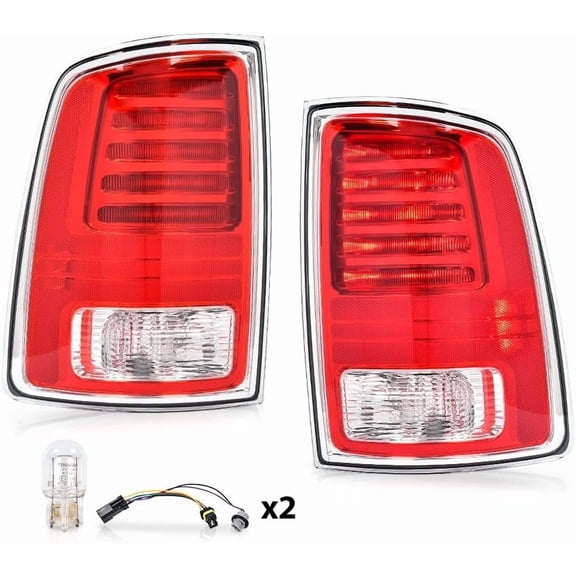 LED Tail Lights, Compatible with Dodge Ram 1500 2013 2014 2015 2016 2017 2018/Ram 2500 3500 2014-2018 Red Lens Chrome Housing Rear Lamps Bulb and Harness Included