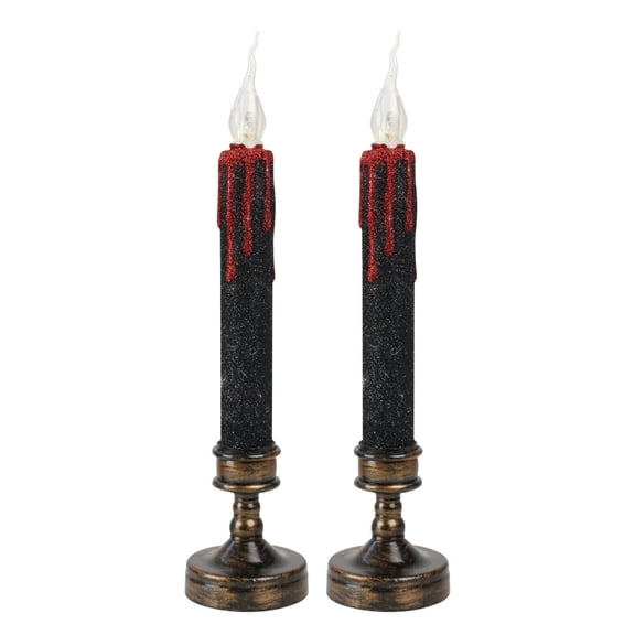 LED Taper Candles Set of 2 Black Glitter with Warm Flame Electronic Candle for Christmas Halloween Decor 5.6*29cm Flameless Window Candle