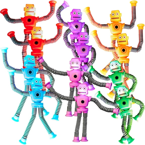 LED Telescopic Suction Cup Robot Toys 12PACK - Shape Changing Educational Fidget Toys, Sensory Toys ADHD Autistic, Stimulating Creative Learning Pop Tubes, Robot Party Favors