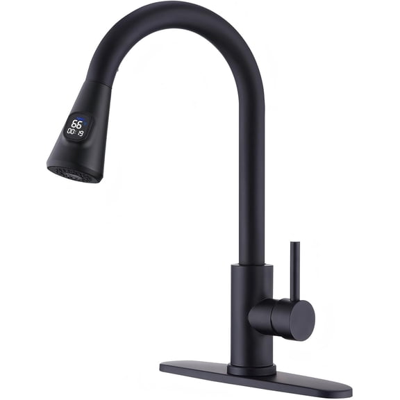 LED Temperature Display Black Kitchen Faucet with Pull Down Sprayer - Matte Black Single Handle Kitchen Sink Faucet, High Arc 304 Stainless Steel Design for RV Laundry Farmhouse Bar